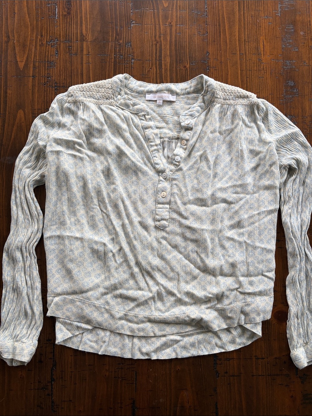 EUC Light Blue Patterned Henley Long-Sleeve Top